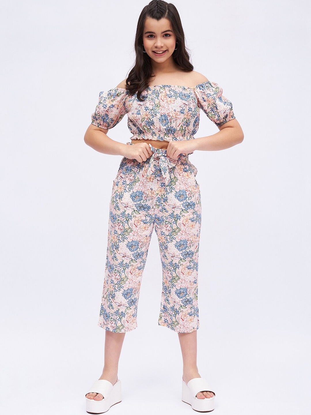 

luyk Girls Floral Printed Off-Shoulder Top With Trousers, Pink
