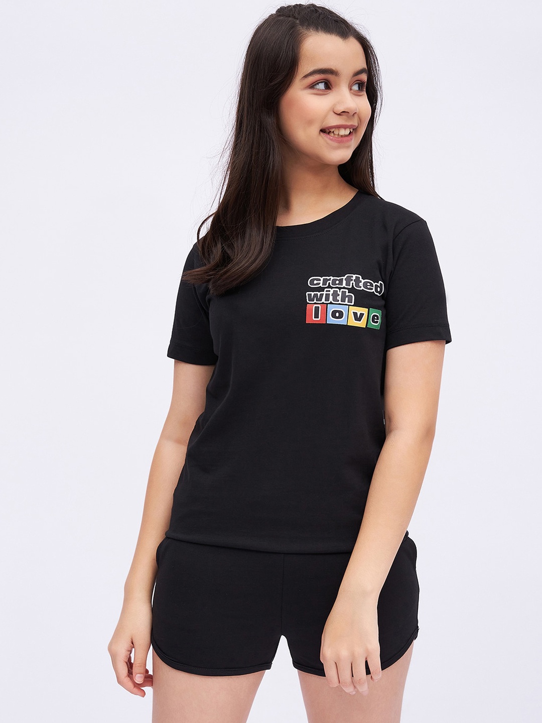 

luyk Girls Printed T-Shirt & Shorts Pure Cotton Co-Ords, Black