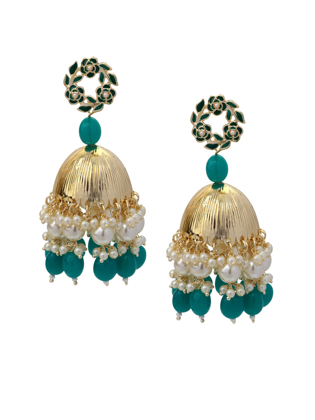 

Mahi Gold-Plated Artificial Stones and Beads Contemporary Jhumkas Earrings, Green