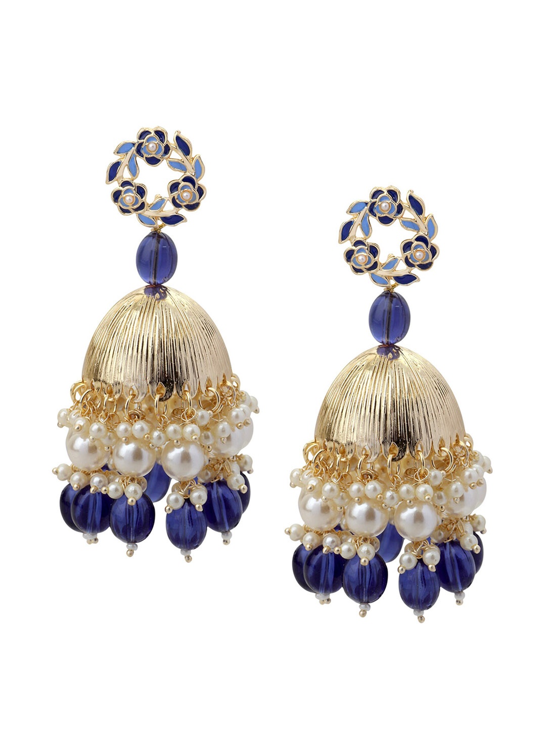 

Mahi Gold-Plated Artificial Stones and Beads Contemporary Jhumkas Earrings, Blue