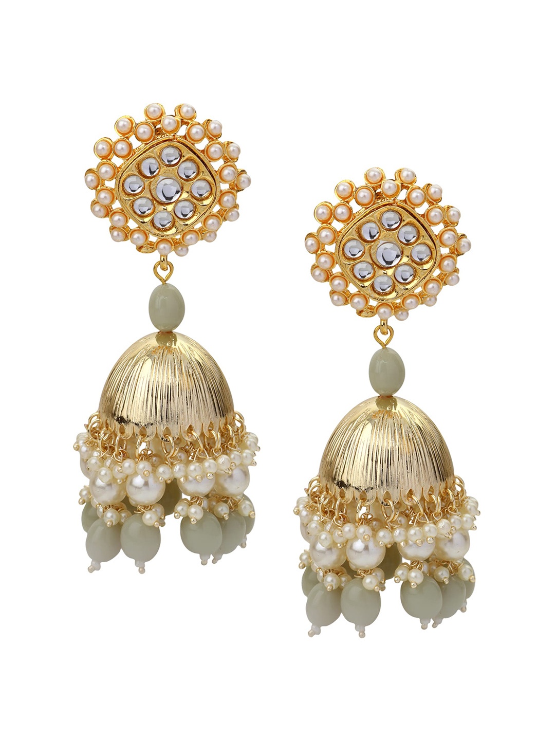 

Mahi Gold-Plated Artificial Stones and Beads Contemporary Jhumkas Earrings, Grey