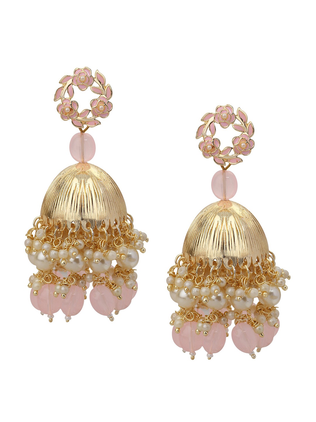 

Mahi Gold-Plated Floral Artificial Stones and Beads Jhumkas Earrings, Pink