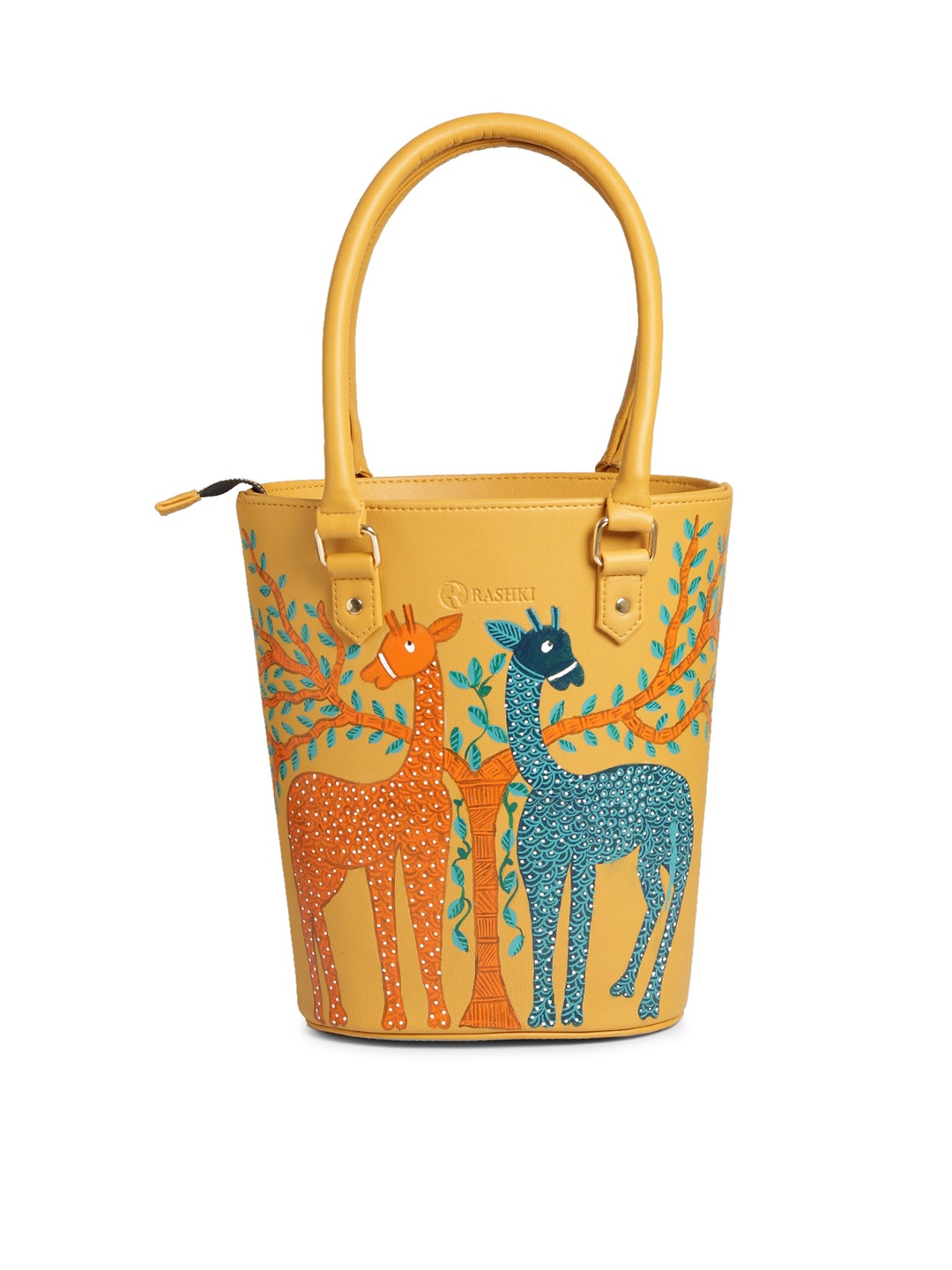 

RASHKI Women Ethnic Motifs Printed PU Bucket Handheld Bag, Mustard