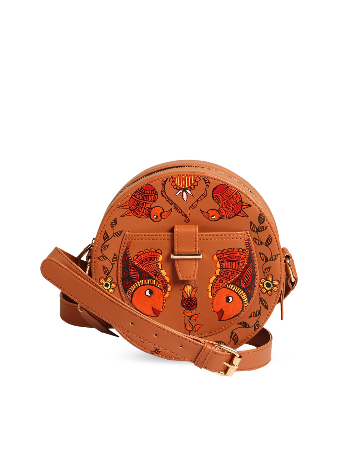 

RASHKI Graphic Printed PU Water Resistant Structured Sling Bag, Tan