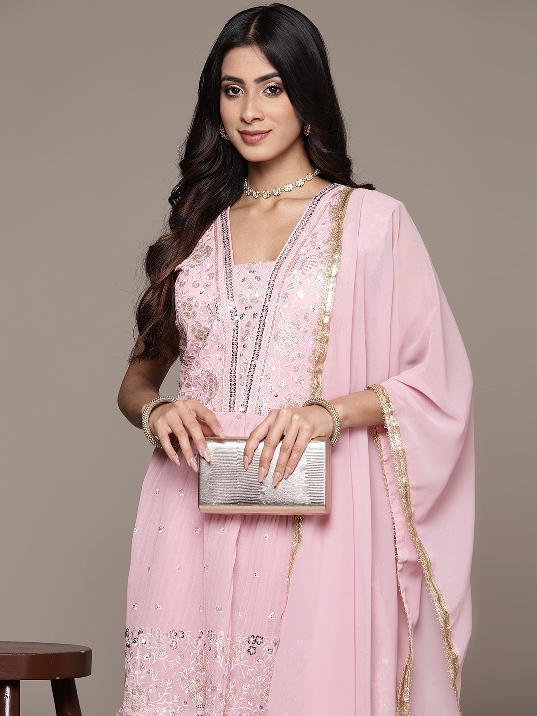 

SAARYA Floral Embroidered Pleated Sequinned Kurta With Sharara & Dupatta, Pink