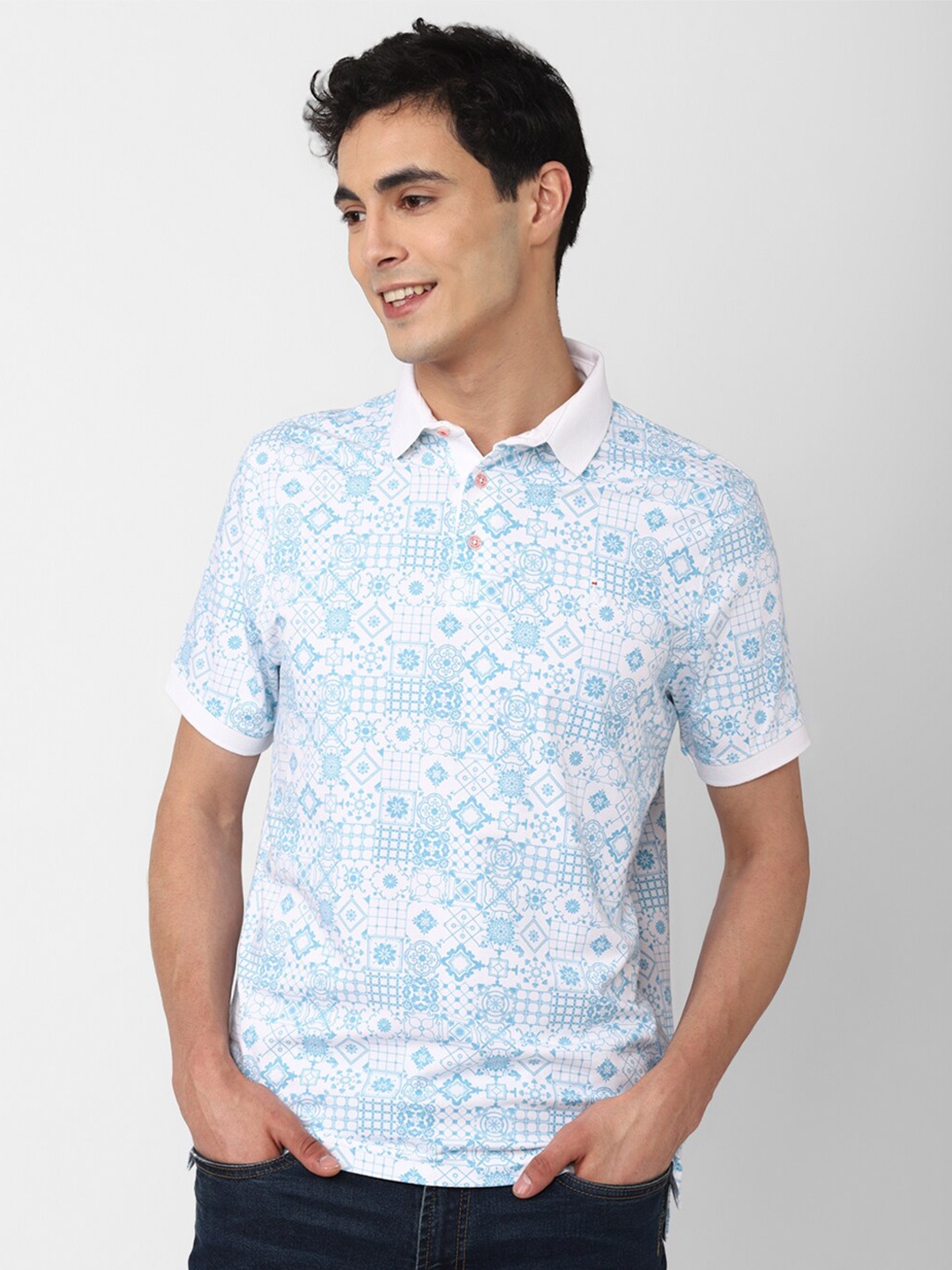 

SIMON CARTER LONDON Men Printed Cotton Polo Collar Slim Fit T-shirt, Blue