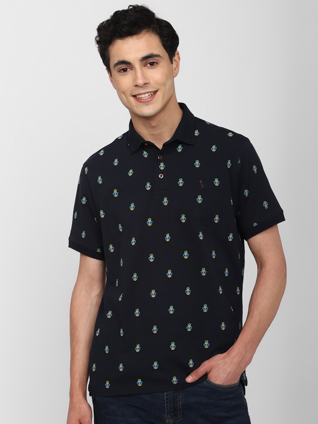 

SIMON CARTER LONDON Ditsy Fruit Printed Polo Collar Cotton Slim Fit T-shirt, Navy blue