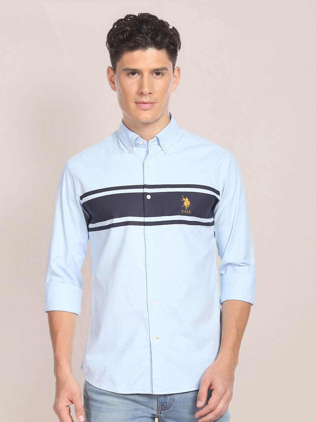 

U.S. Polo Assn. Colourblocked Button-Down Collar Oxford Weave Casual Shirt, Blue