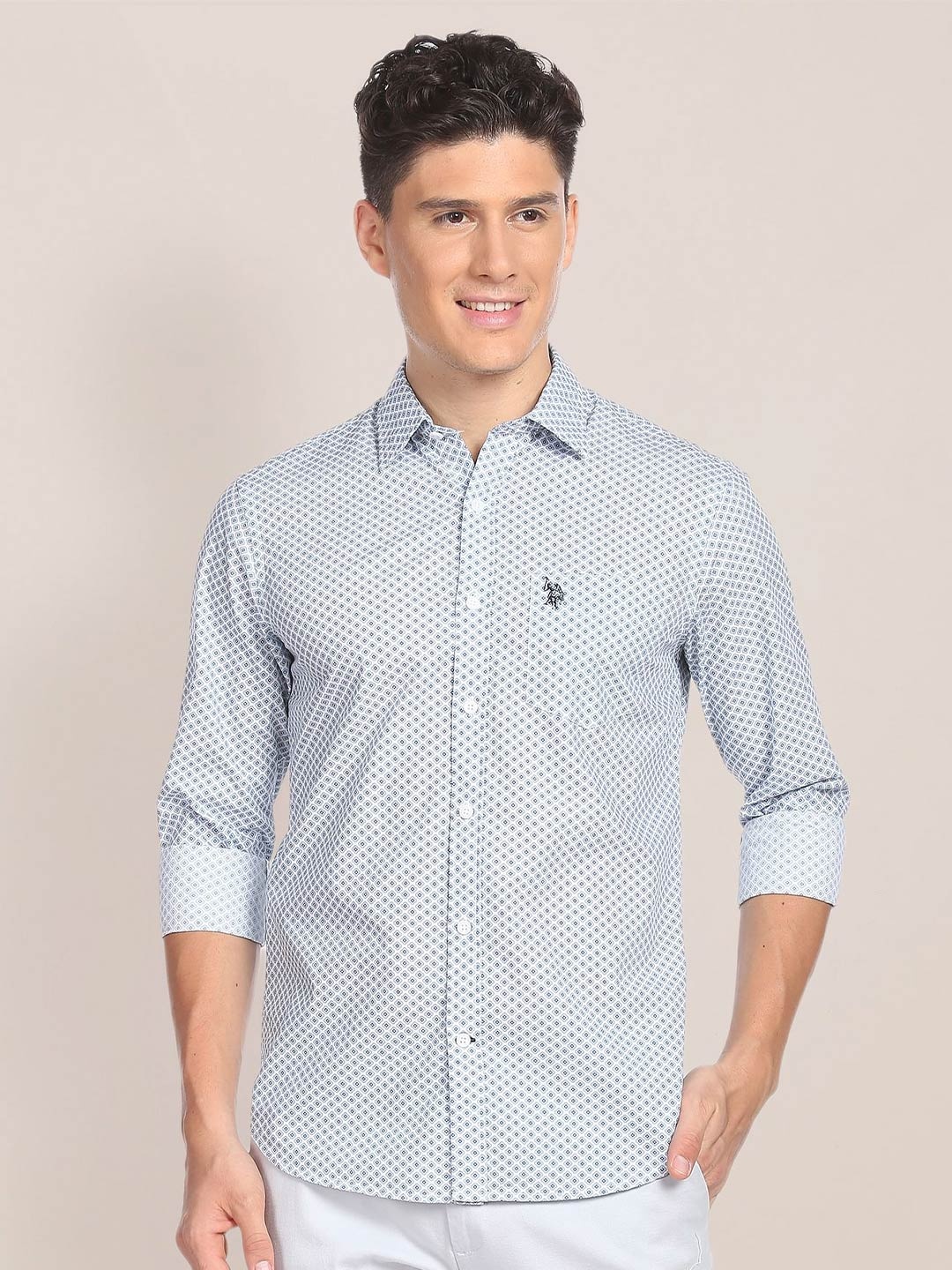 

U.S. Polo Assn. Rounded Cuff Geometric Print Pure Cotton Shirt, White