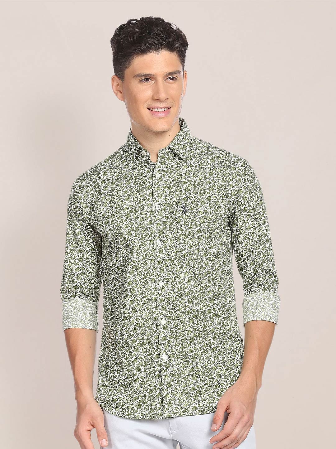 

U.S. Polo Assn. Pure Cotton Floral Printed Tailored Shirt, Green