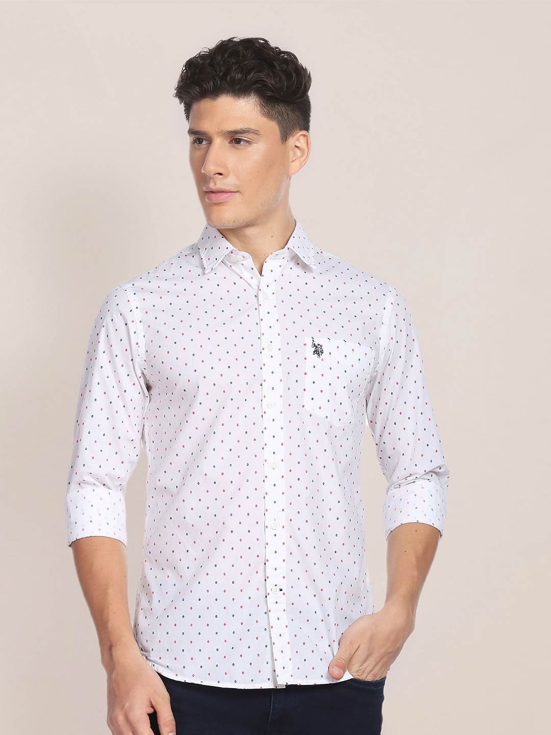 

U.S. Polo Assn. Geometric Printed Pure Cotton Casual Shirt With Chest Pocket, White