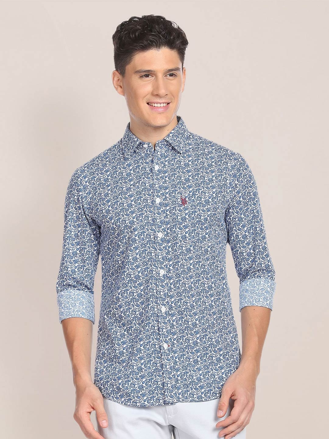 

U.S. Polo Assn. Pure Cotton Tailored Fit Floral Printed Casual Shirt, Blue