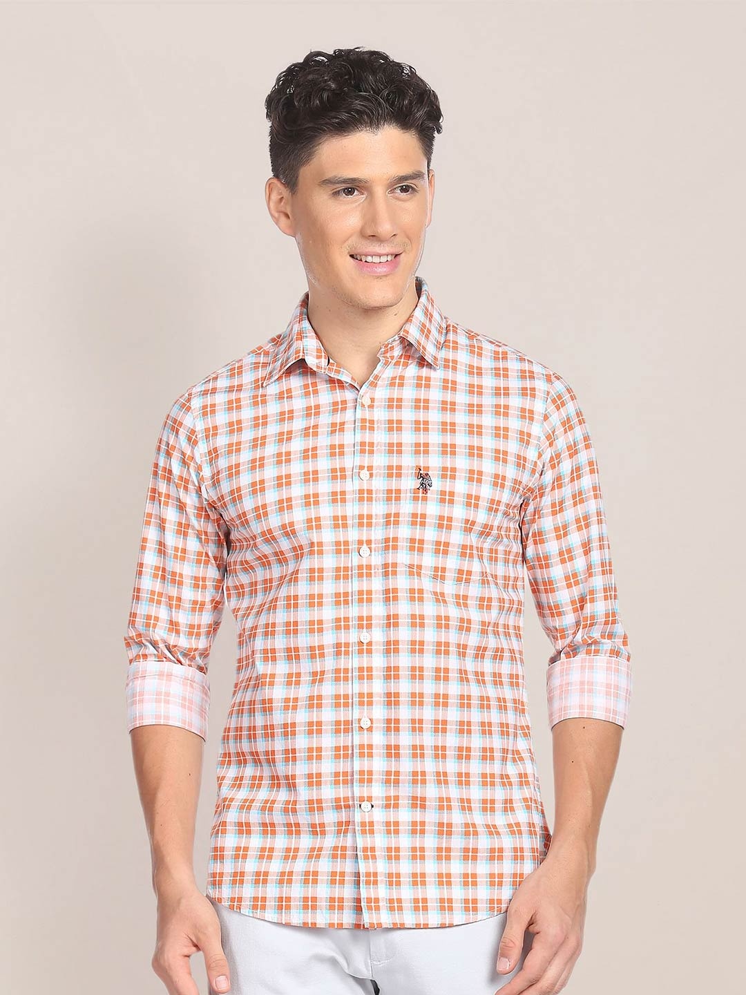 

U.S. Polo Assn. Checked Opaque Pure Cotton Plaid Casual Shirt, Orange