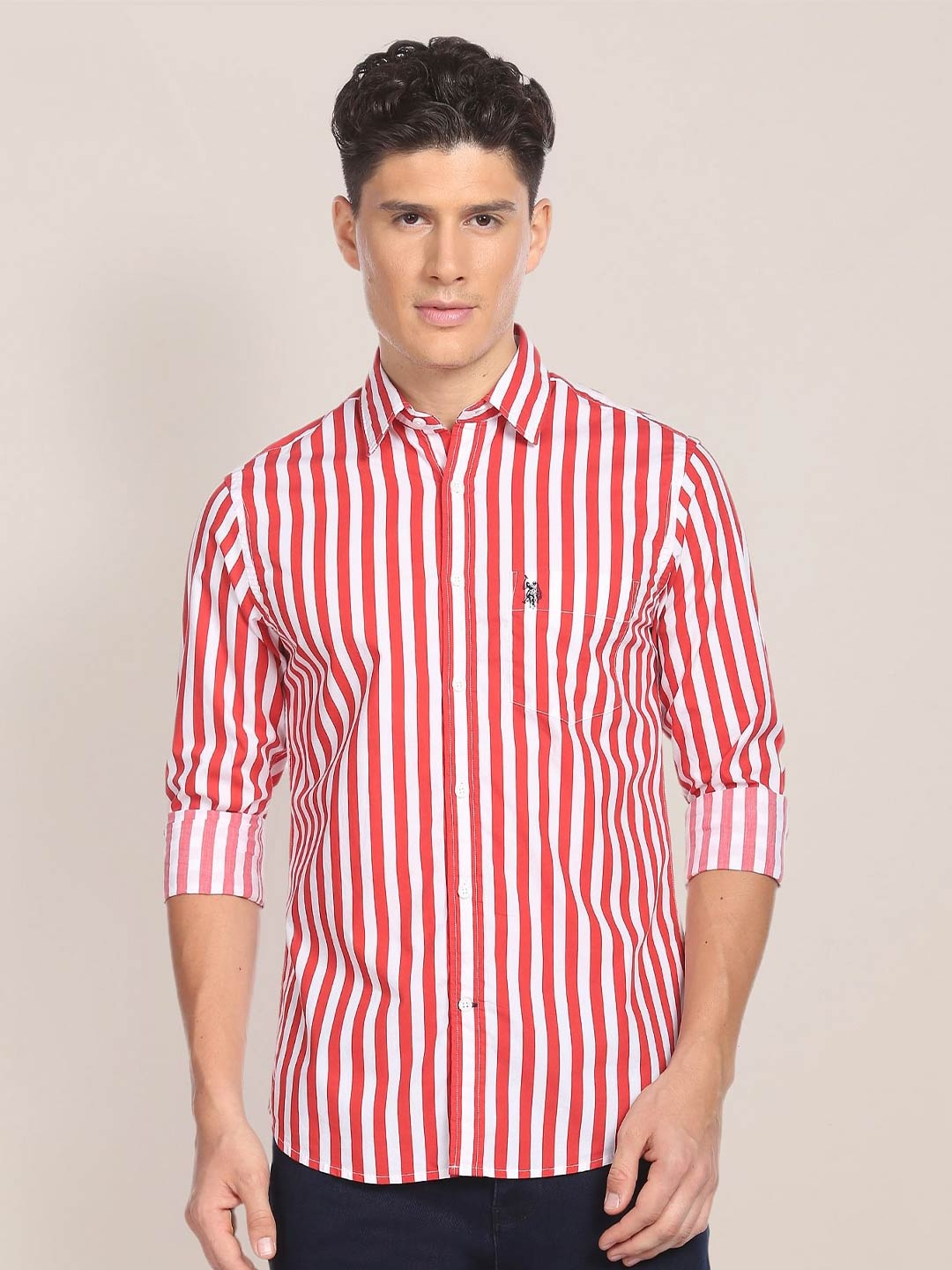 

U.S. Polo Assn. Vertical Stripes Opqaue Shirt With Chest Pocket, Red