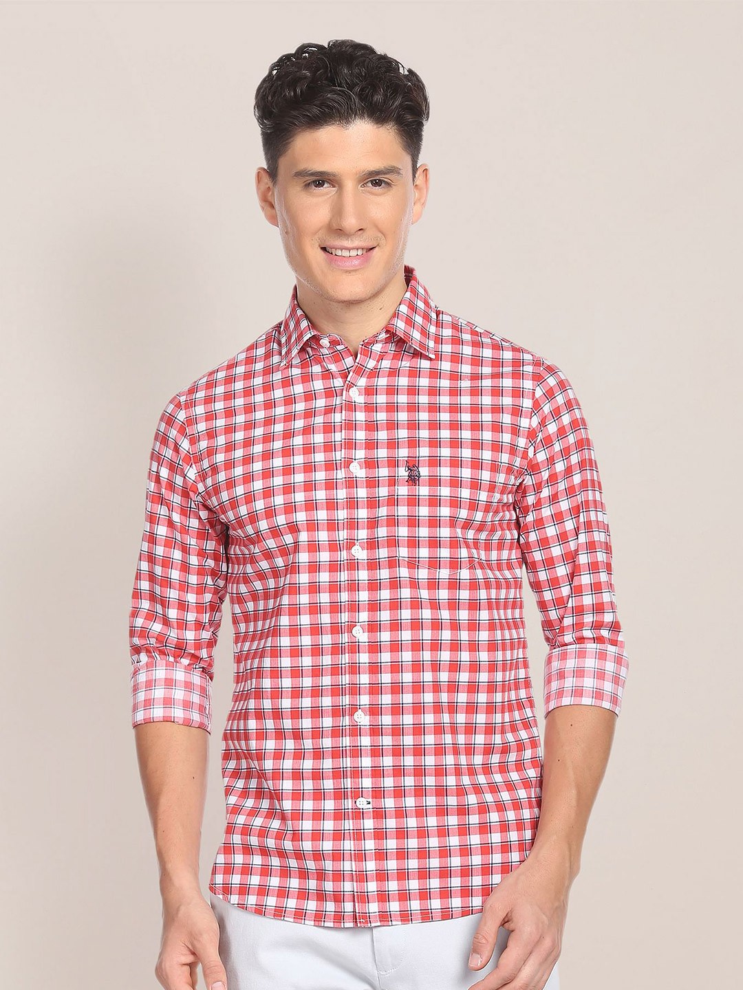 

U.S. Polo Assn. Gingham Checks Opaque Checked Pure Cotton Casual Shirt, Red