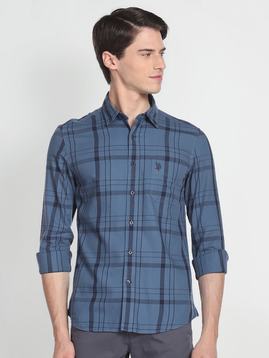 

U.S. Polo Assn. Denim Co. Tartan Checks Opaque Cotton Twill Formal Shirt, Blue