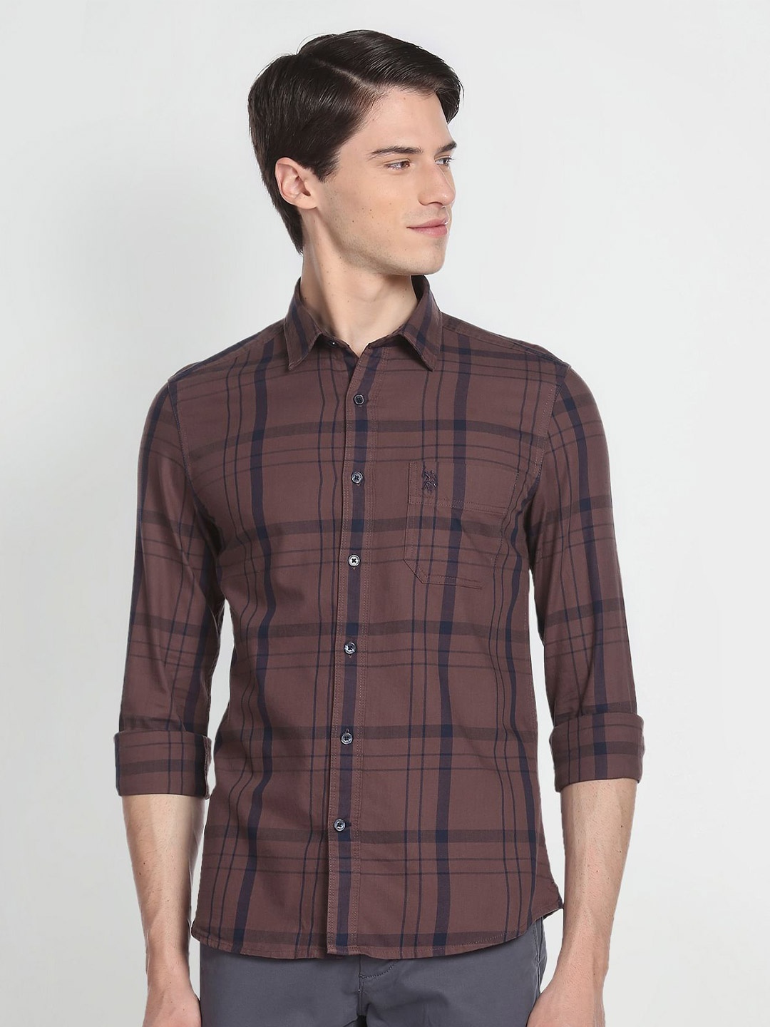 

U.S. Polo Assn. Denim Co. Slim Fit Tartan Checks Twill Checked Pure Cotton Casual Shirt, Brown