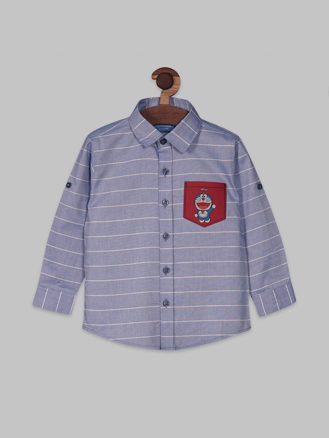 

RIKIDOOS Boys Striped Doraemon Printed Contemporary Fit Cotton Casual Shirt, Blue