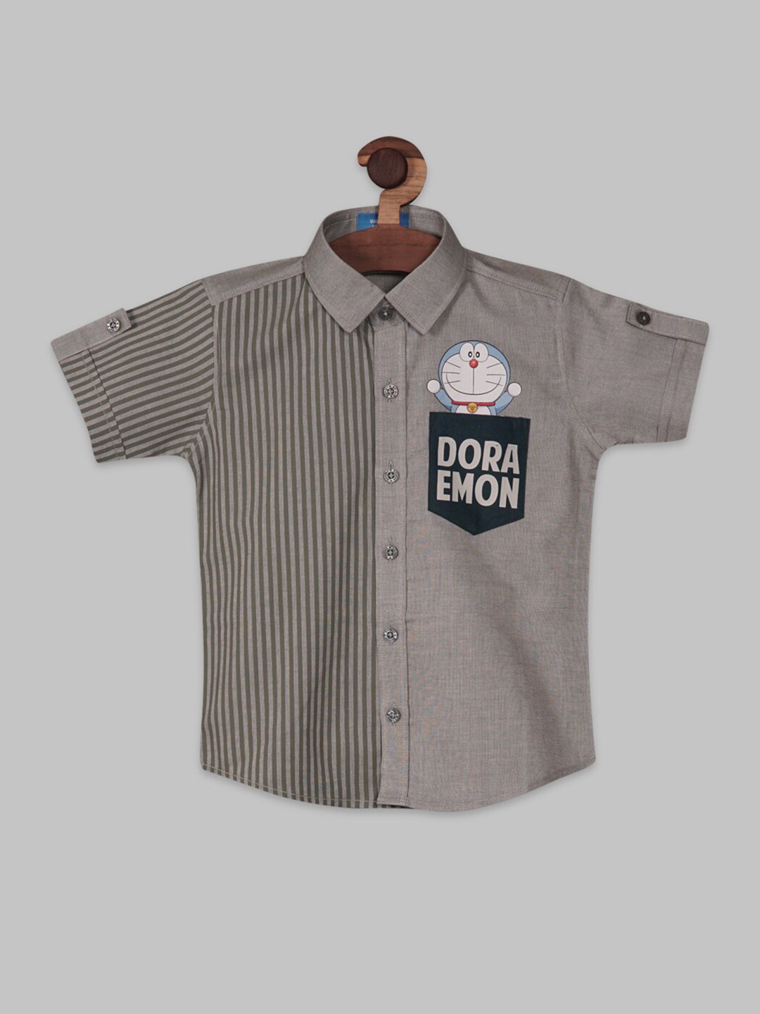 

RIKIDOOS Contemporary Striped Printed doraemon on pocket Cotton Casual Shirt, Grey