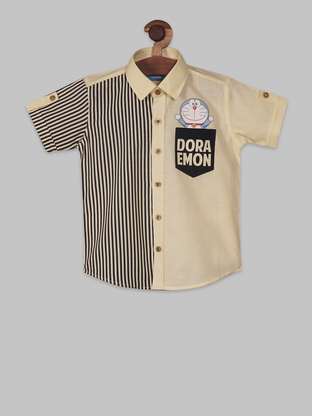 

RIKIDOOS Boys Contemporary Doraemon Printed Vertical striped Cotton Casual Shirt, Yellow