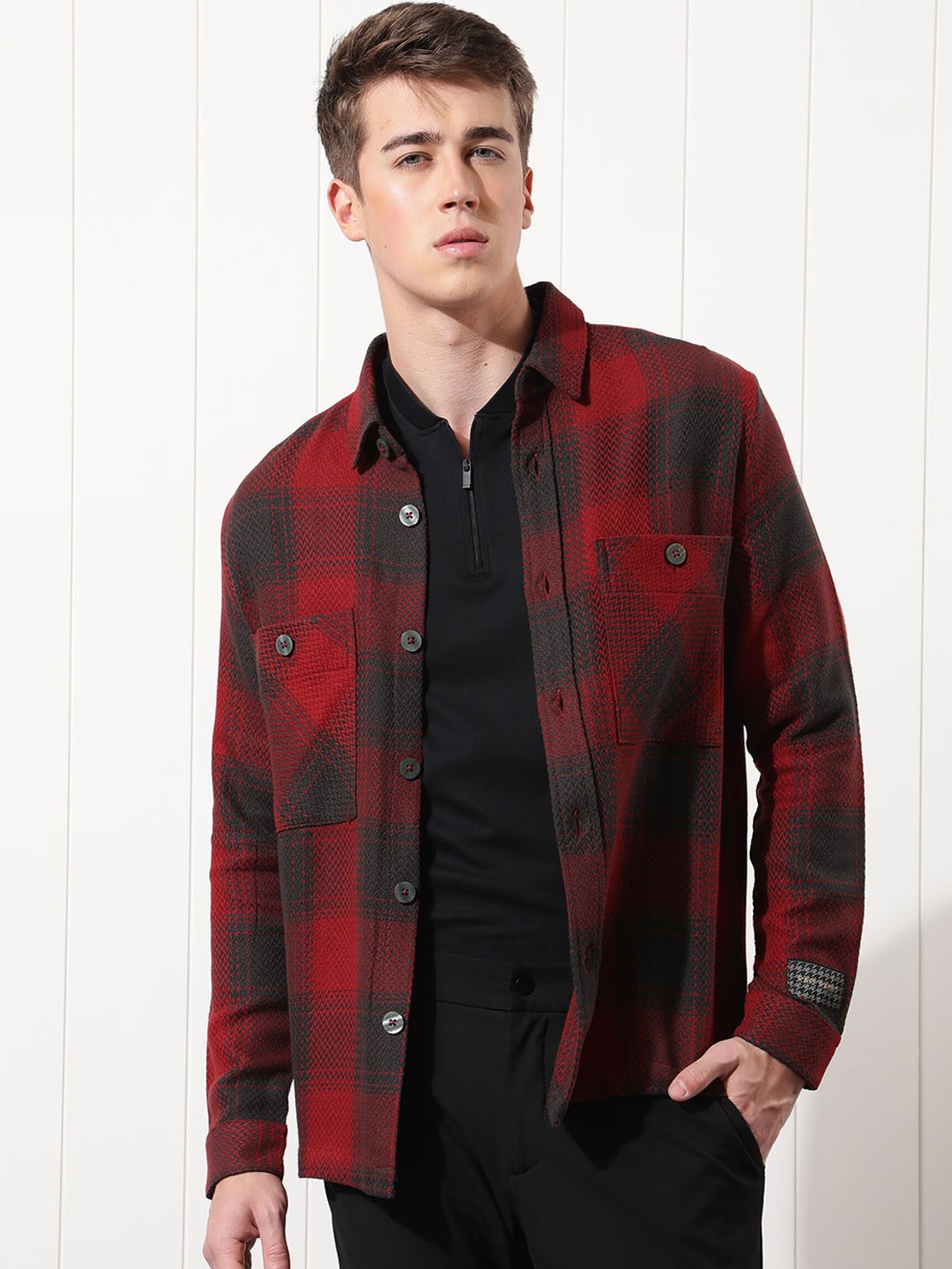 

RARE RABBIT Men Hunter Tailored Fit Checked Denim Jacket, Red