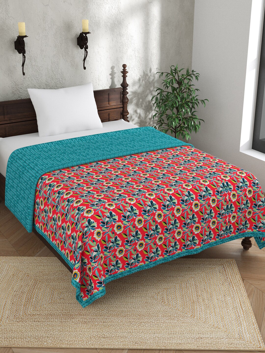 

EverHOME Blue & Red Floral Embroidered Reversible 120 GSM Pure Cotton Single Bed Dohar