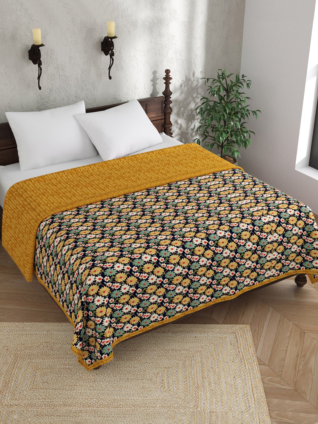 

EverHOME Brown & Blue Floral Embroidered Reversible 120 GSM Pure Cotton Double Bed Dohar