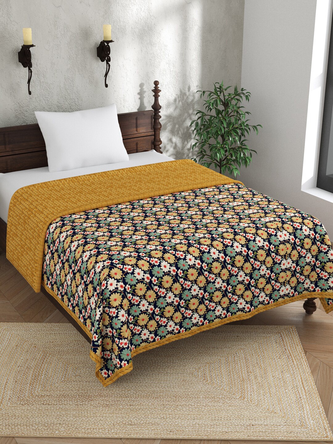 

EverHOME Brown Floral Embroidered Reversible 120 GSM Pure Cotton Single Bed Dohar
