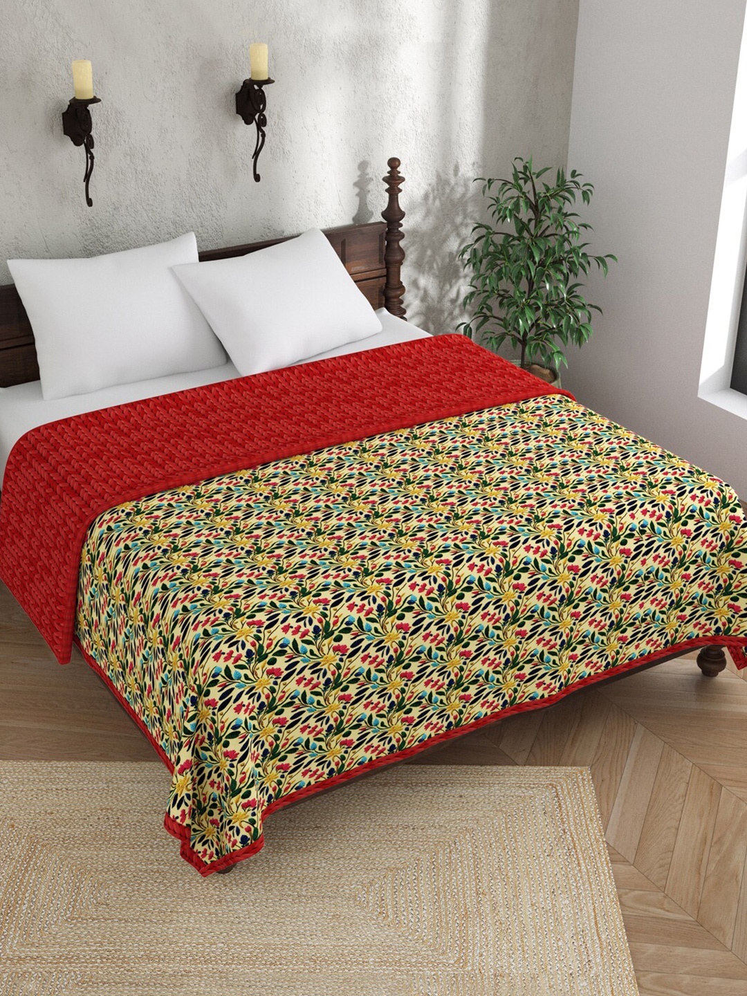 

EverHOME Red & Yellow Floral Embroidered Reversible 120 GSM Pure Cotton Double Bed Dohar