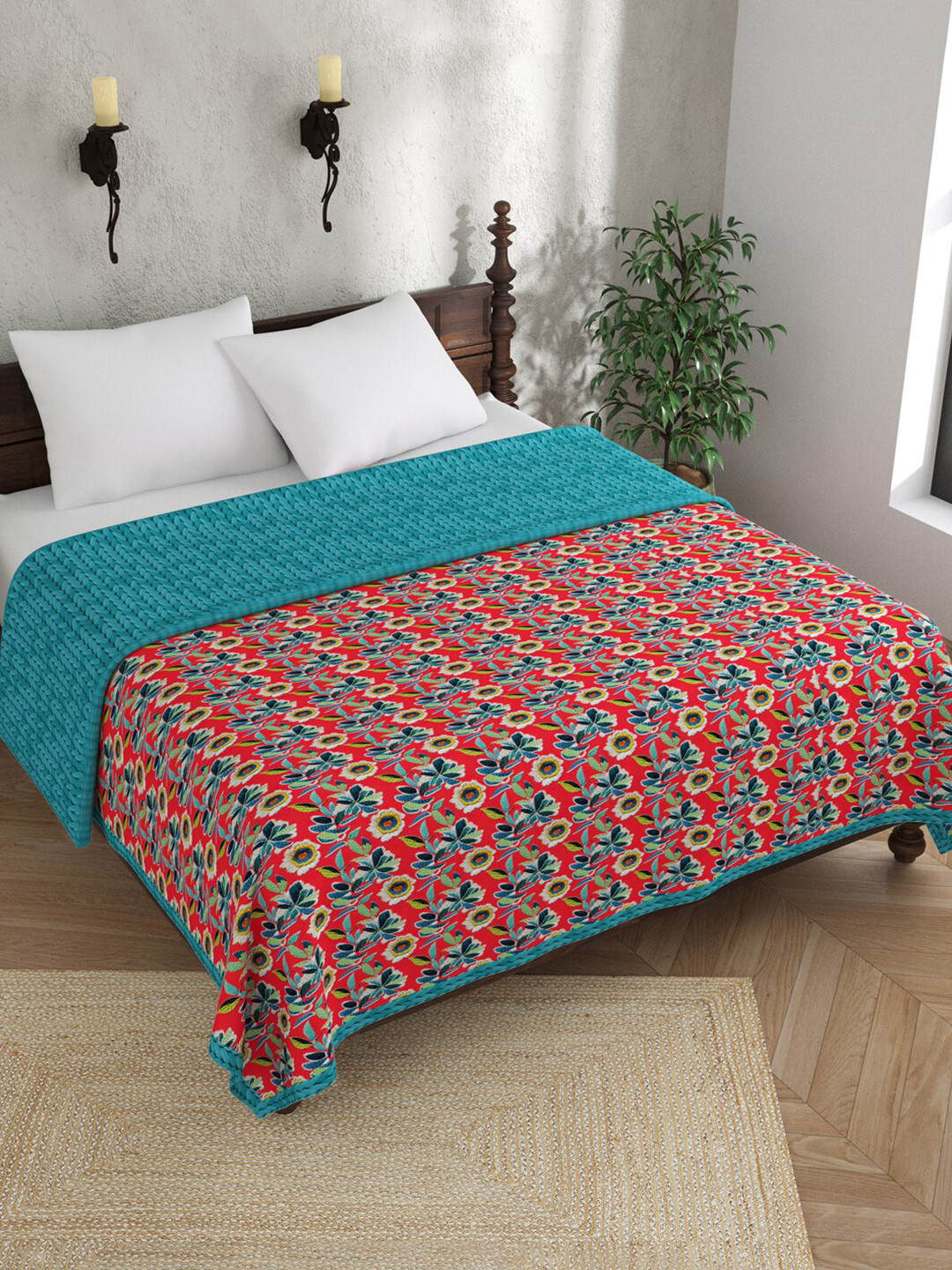 

EverHOME Blue & Red Floral Embroidered Reversible 120 GSM Pure Cotton Double Bed Dohar