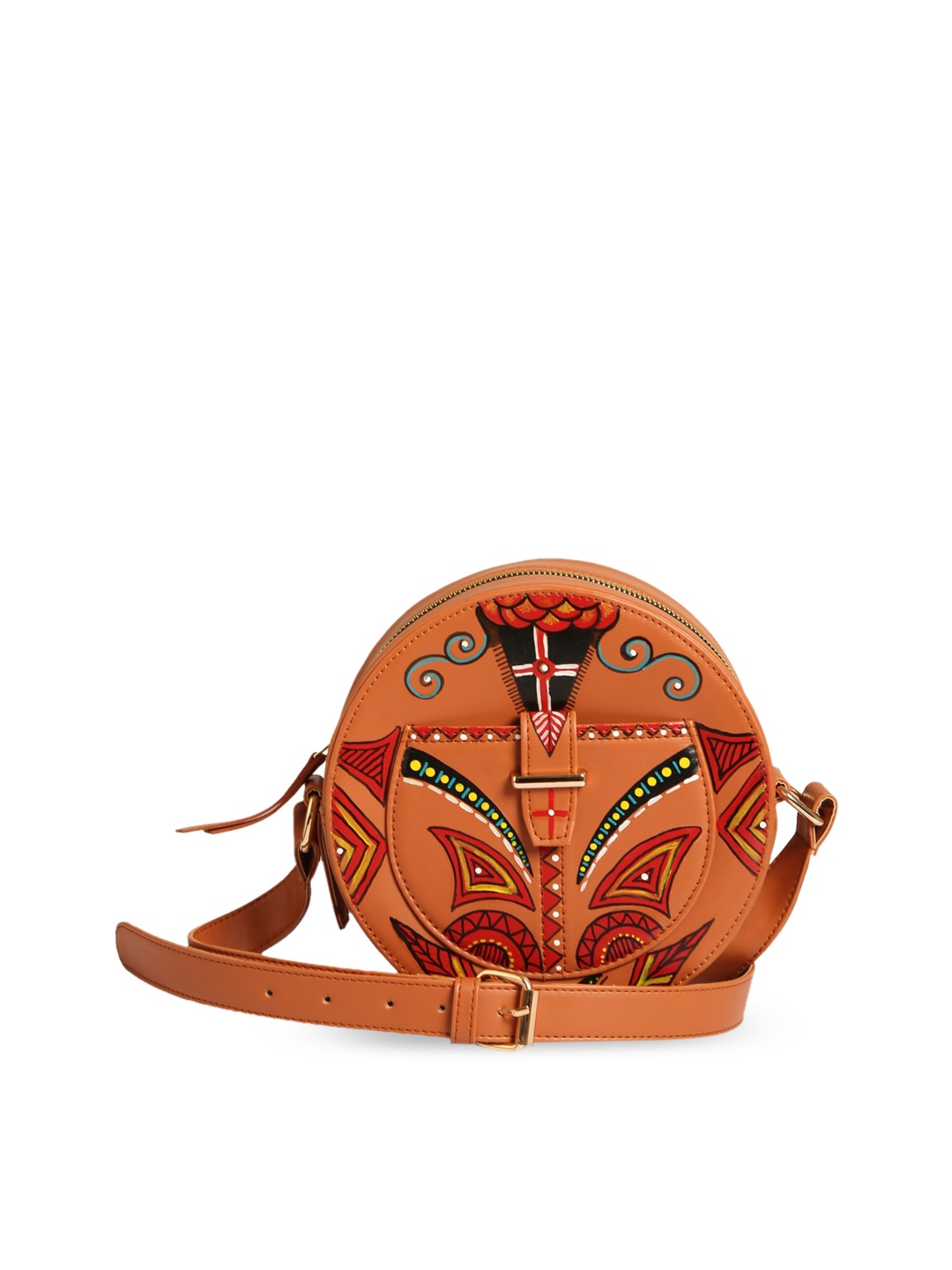 

RASHKI Women Printed PU Structured Sling Bag, Tan
