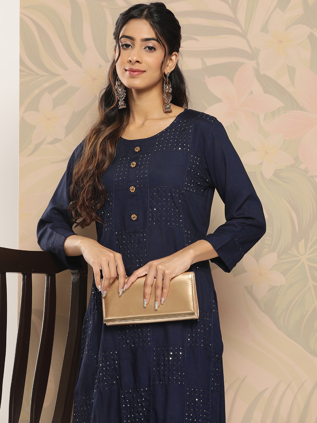 

Yufta Regular Sequinned Kurta with Trousers, Navy blue