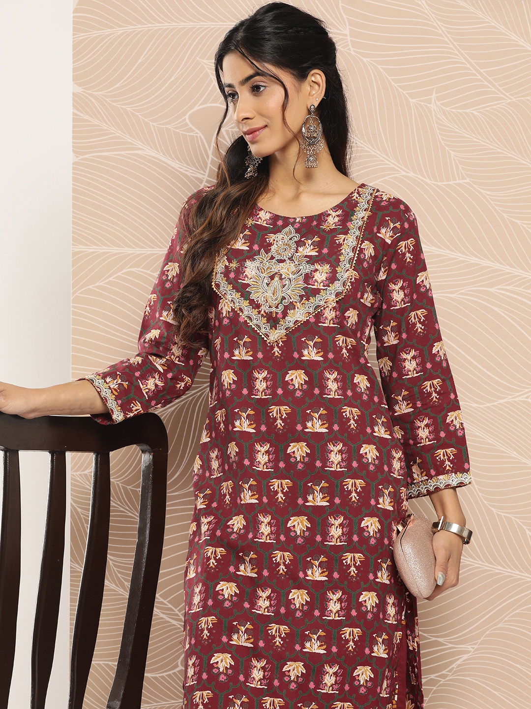 

Yufta Ethnic Motifs Printed Regular Gotta Patti Pure Cotton Kurta with Palazzos, Maroon