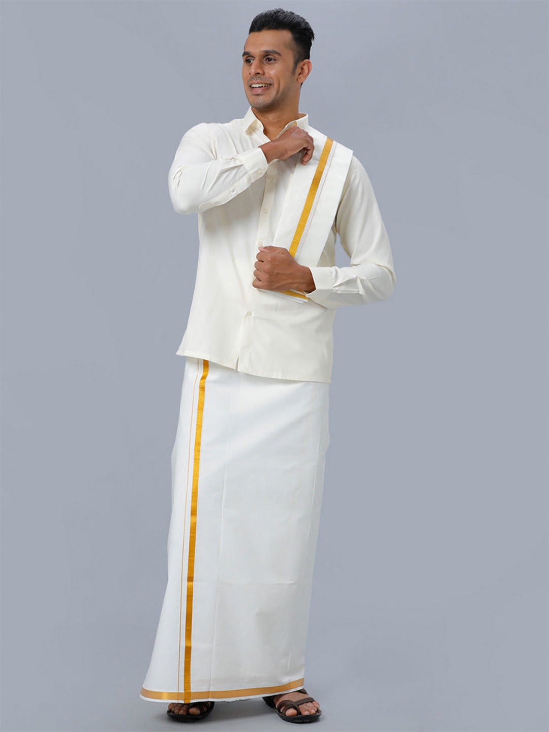 

Ramraj Men Pure Cotton Long Sleeves Shirt and Dhoti with Angavastram and Belt Set, Off white