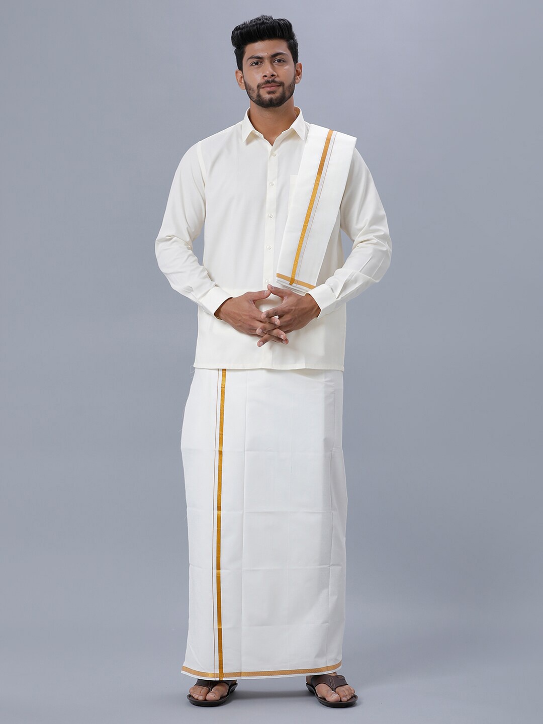 

Ramraj Men Jari Border Shirt Dhoti with Angavastram and Belt Set, Cream