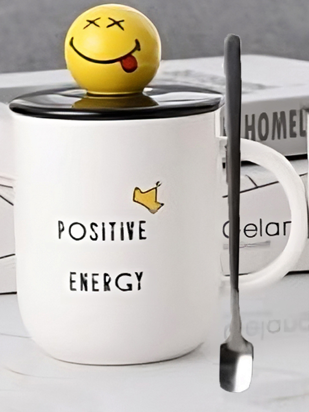 

BonZeaL 3D White & Yellow 3 Pieces Printed Ceramic Glossy Mug With Lid & Spoon - 400 ml