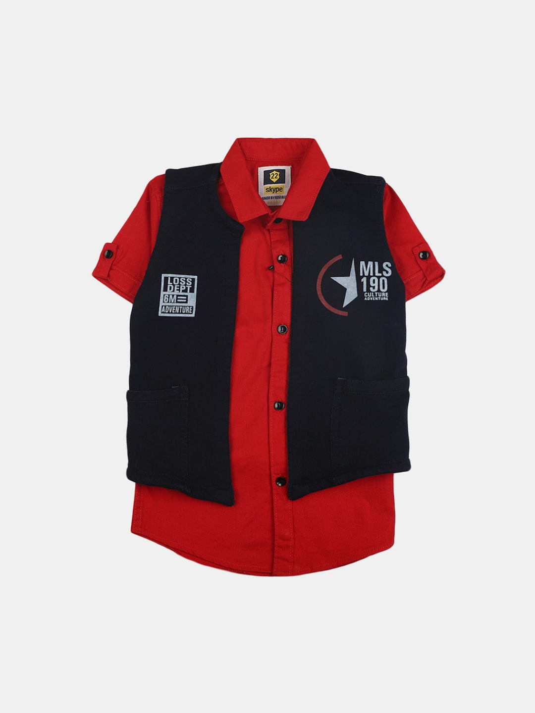 

V-Mart Boys Classic Spread Collar Cotton Casual Shirt With Waist Coat, Red