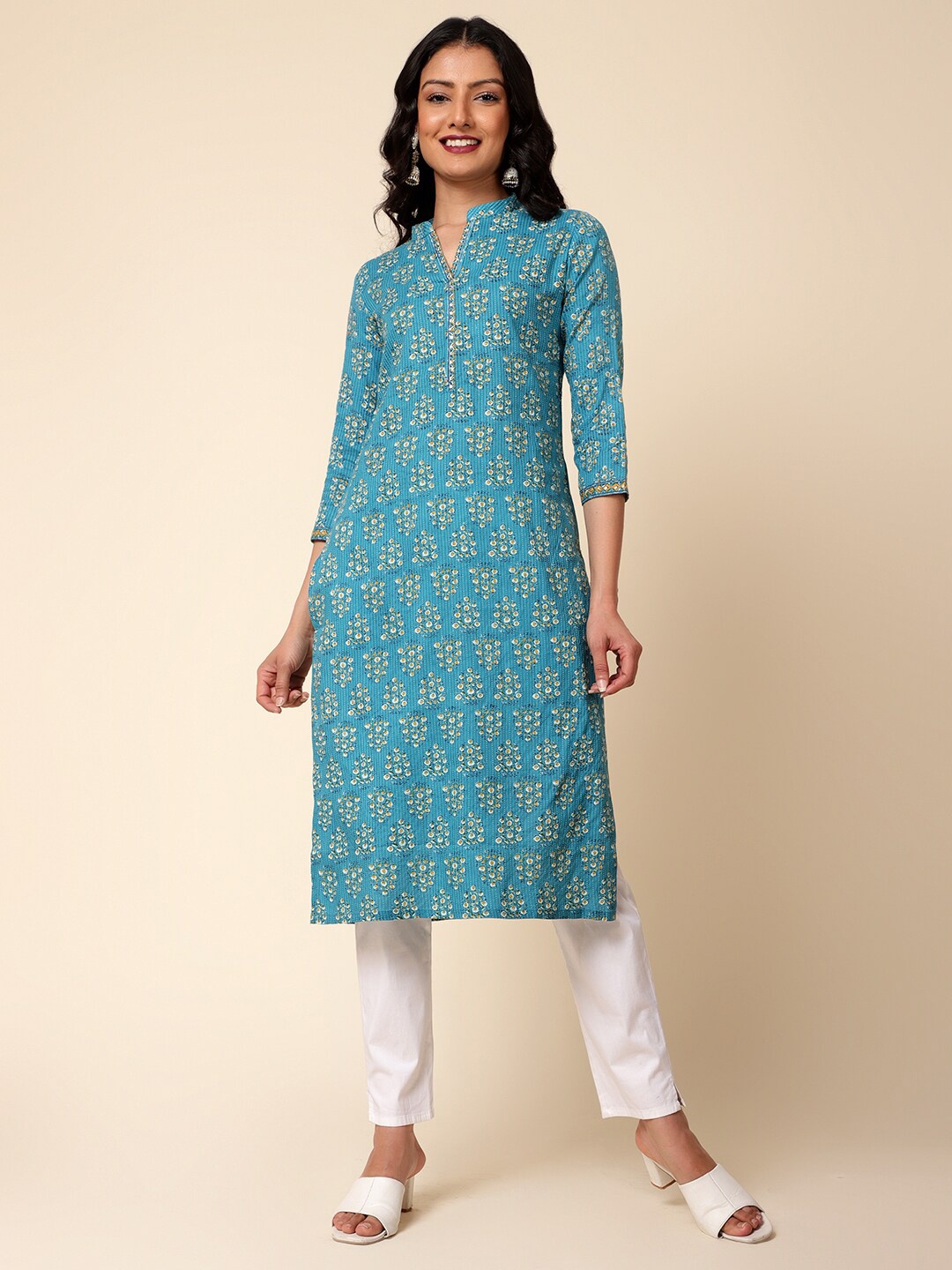 

Bani Women Ethnic Motifs Printed Mandarin Collar Kurta, Turquoise blue