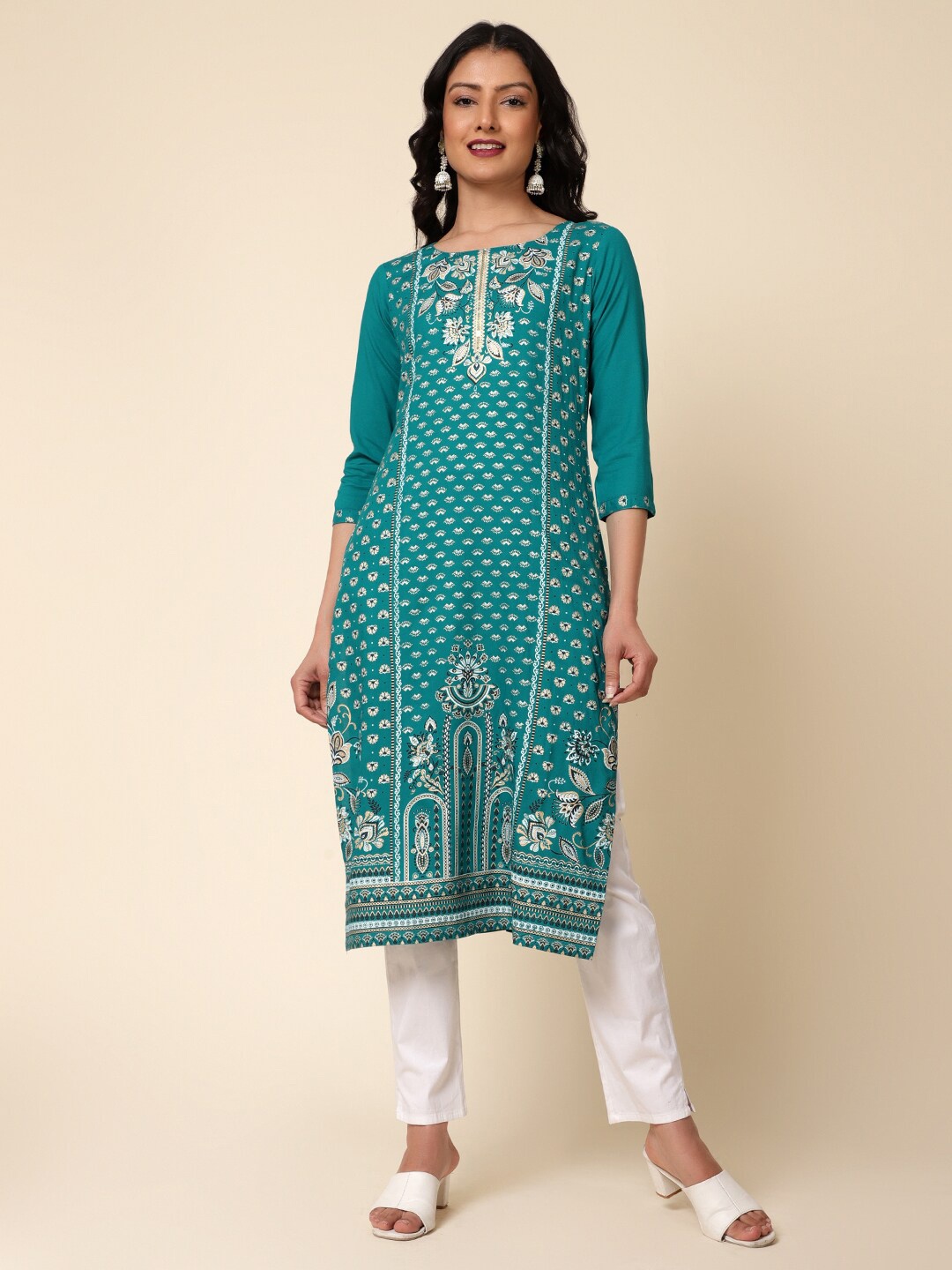 

Bani Women Ethnic Motifs Printed Round Neck Kurta, Turquoise blue