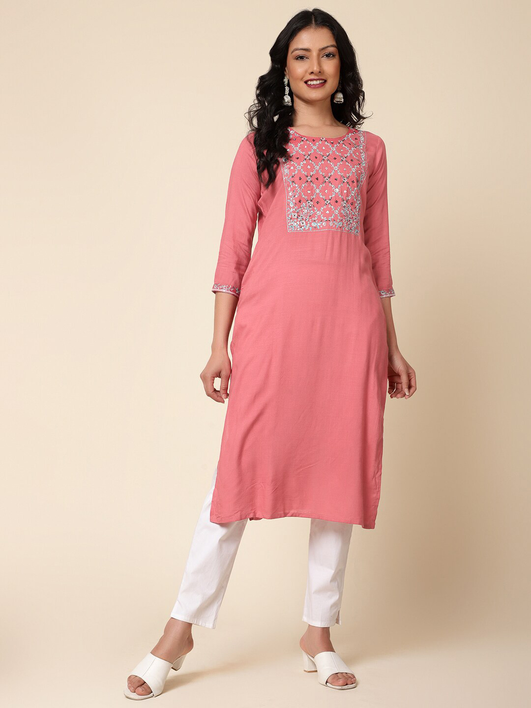 

Bani Women Floral Yoke Design Thread Work Kurta, Coral