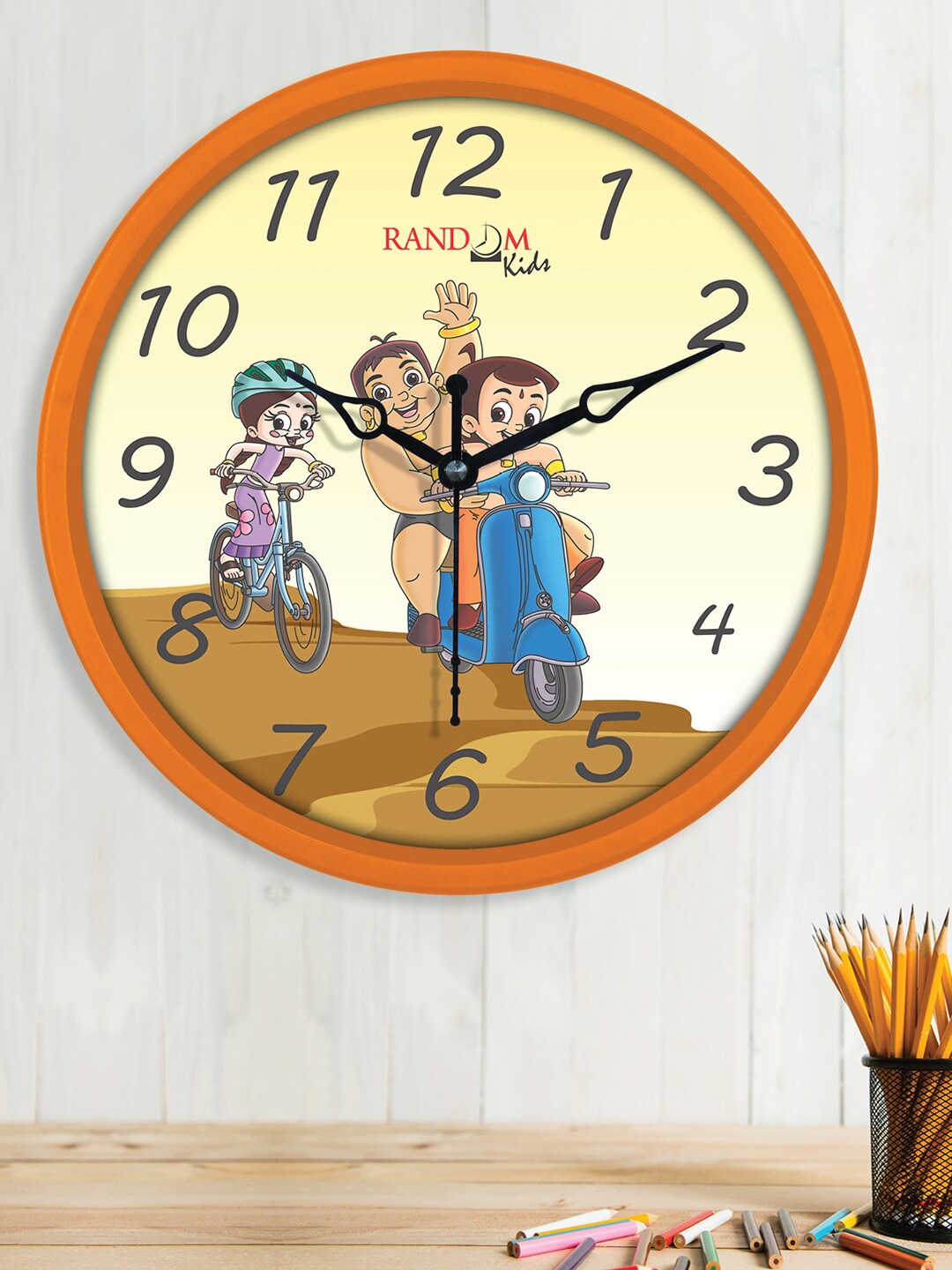 

RANDOM Orange & Brown Riding Bheem Printed Analogue Contemporary Wall Clock