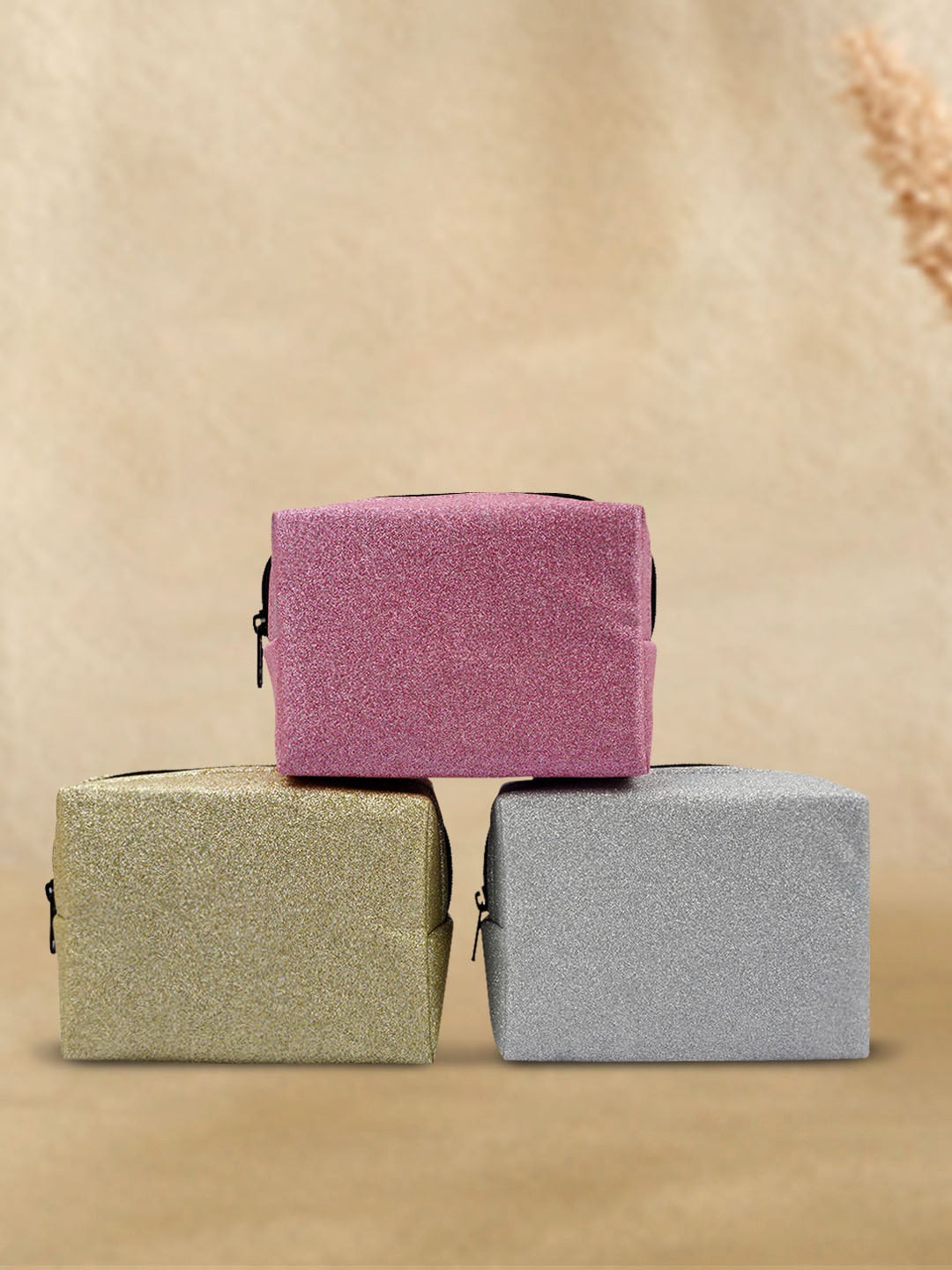 

Crazy Corner Set Of 3 Glittery Travel Makeup Pouch, Gold