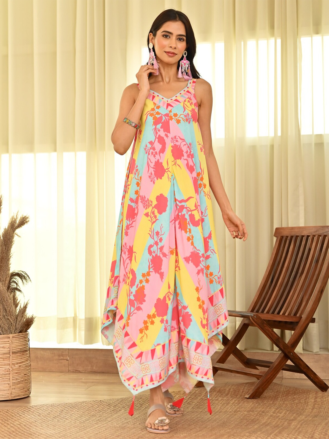 

Rustorange Floral Printed Asymmetric A-Line Midi Dress, Pink