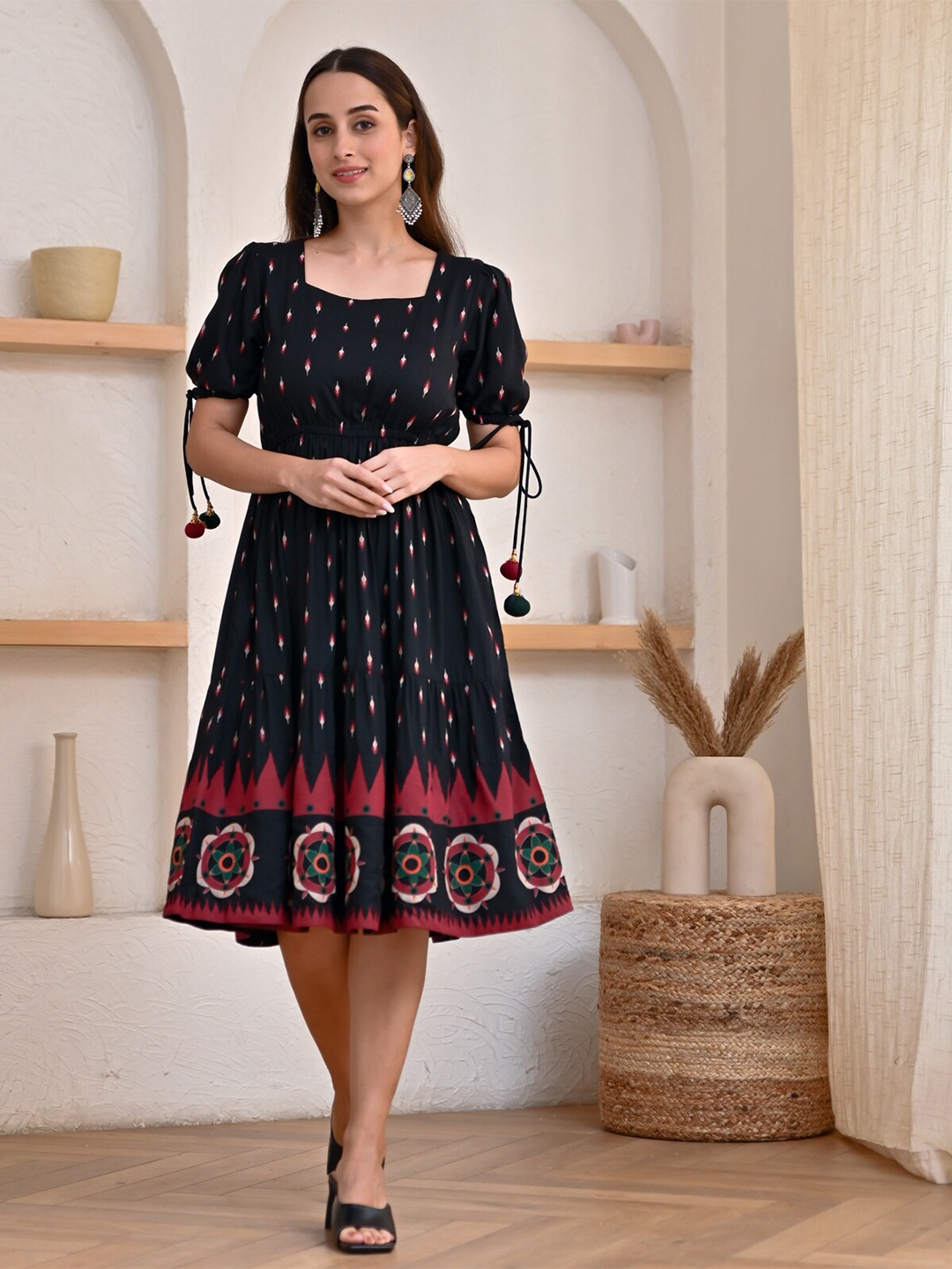 

Rustorange Ethnic Motifs Printed Fit & Flare Midi Ethnic Dress, Black
