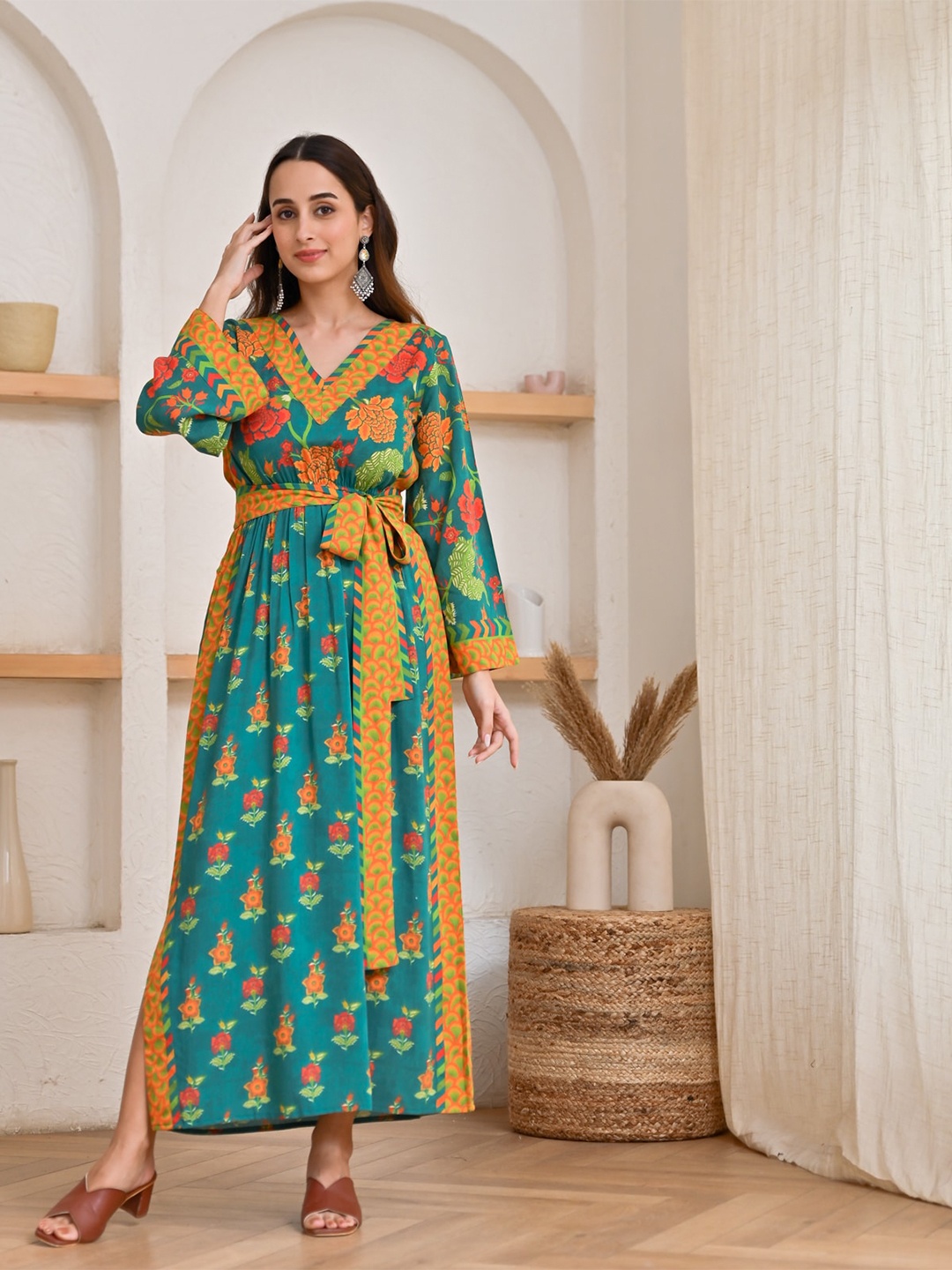 

Rustorange Floral Printed V-Neck Fit & Flare Midi Dress, Teal