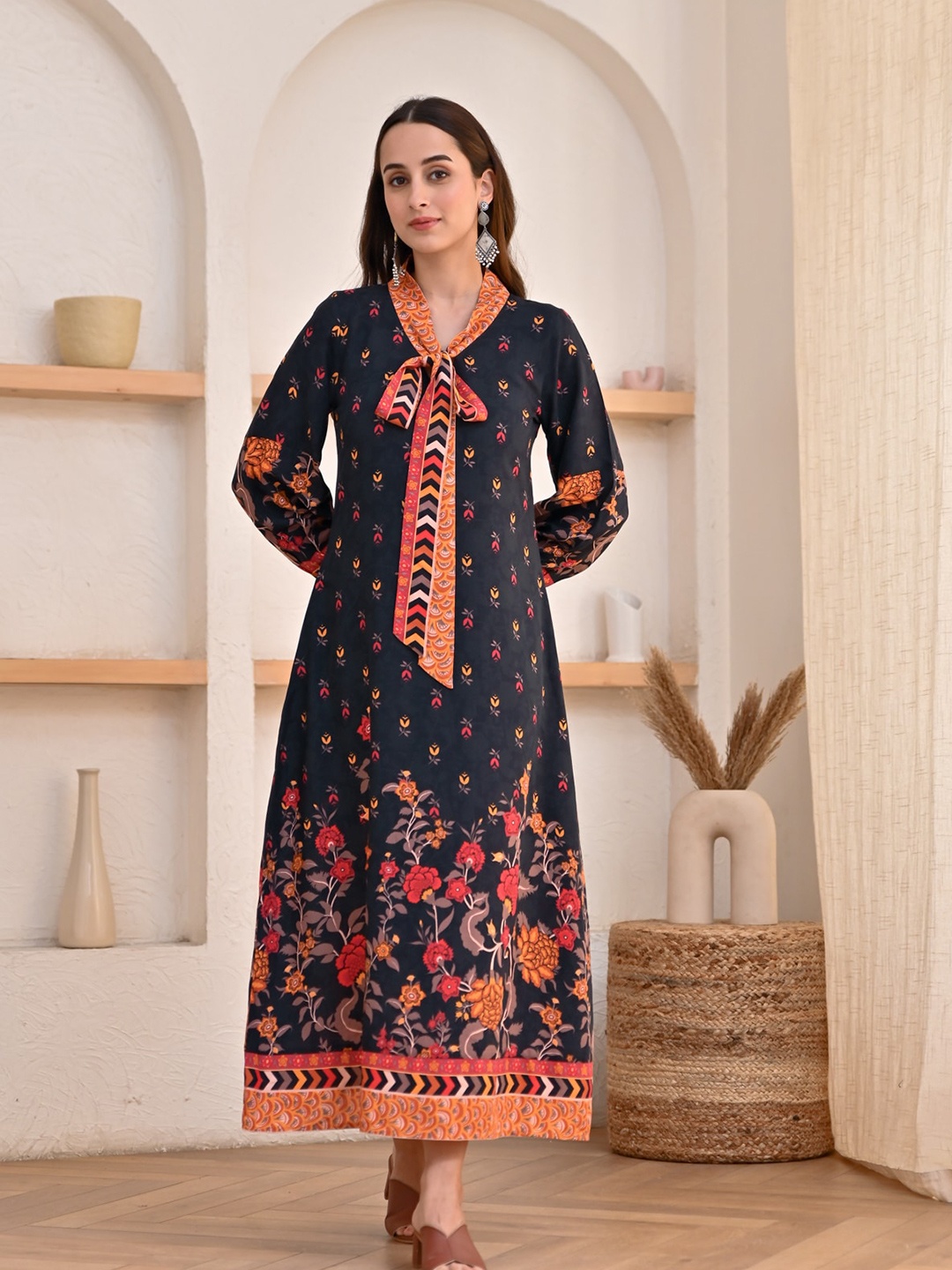

Rustorange Floral Print Tie-Up Neck Midi Dress, Black