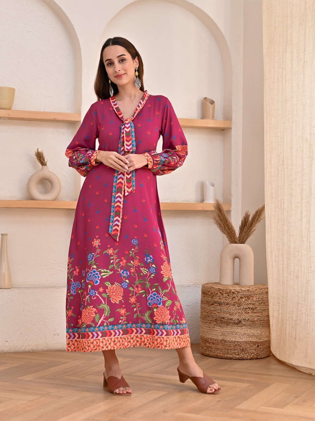 

Rustorange Floral Printed Tie-Up Neck A-Line Midi Dress, Maroon