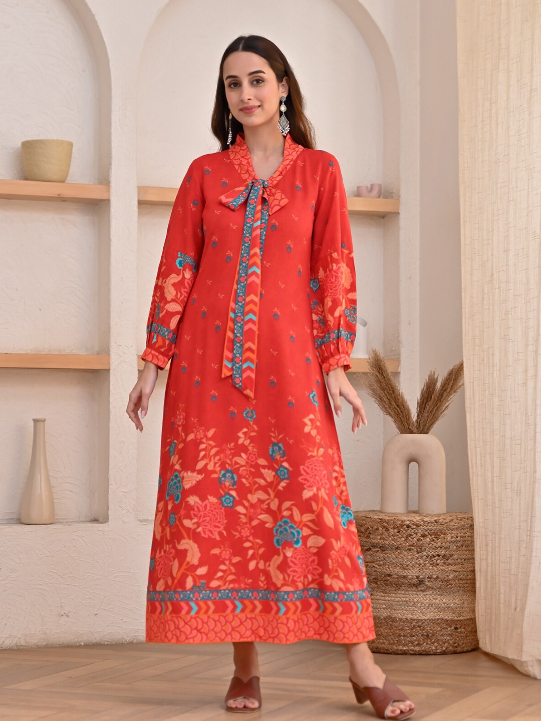 

Rustorange Floral Printed Tie-Up Neck A-Line Midi Dress, Red