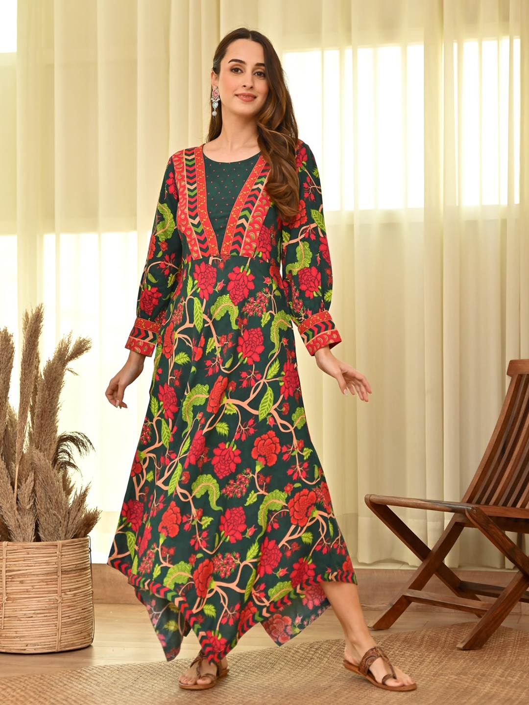 

Rustorange Floral Print Bishop Sleeves Maxi Dress, Green