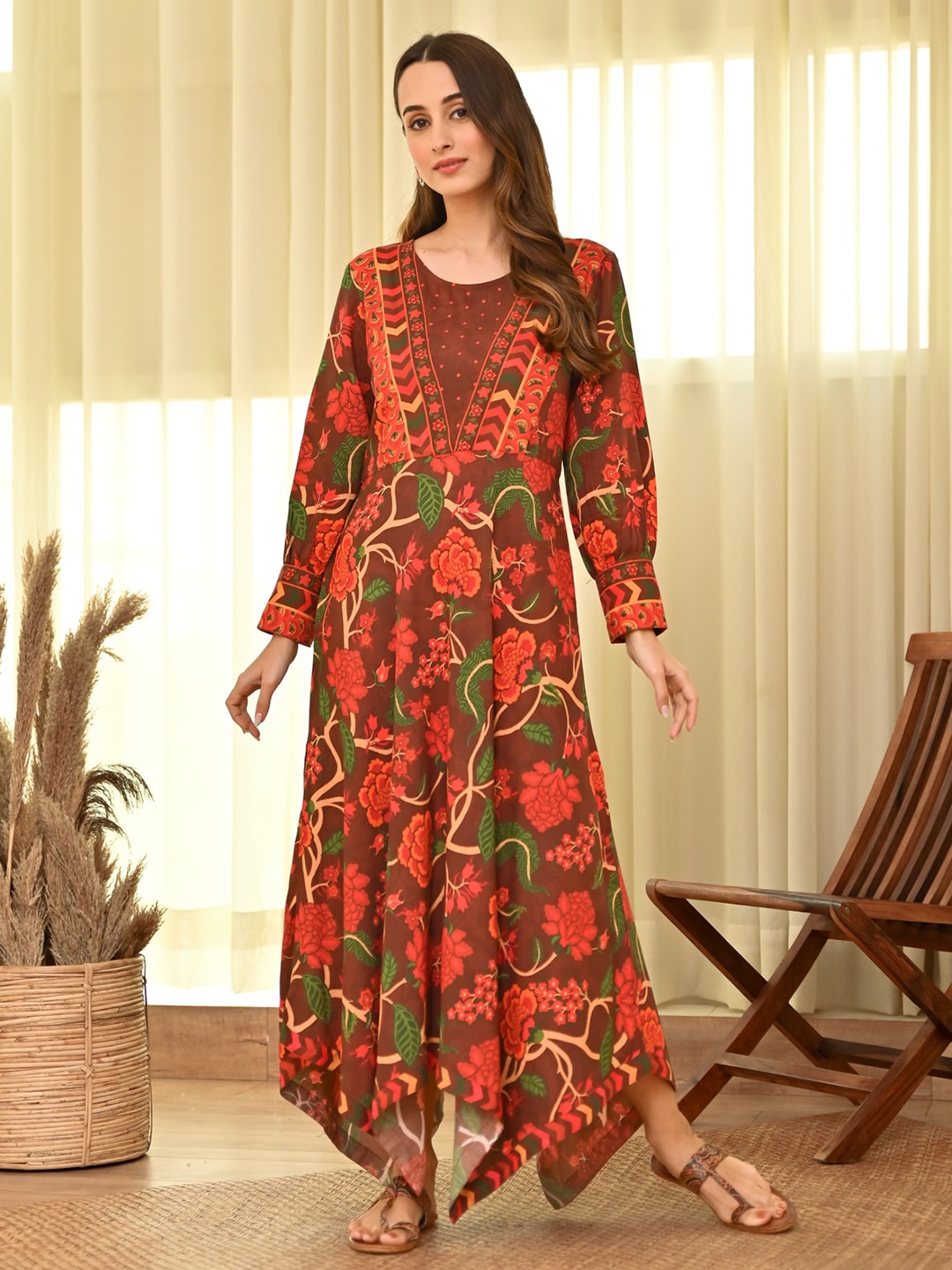 

Rustorange Floral Printed Bishop Sleeves Asymmetric A-Line Ethnic Dress, Maroon